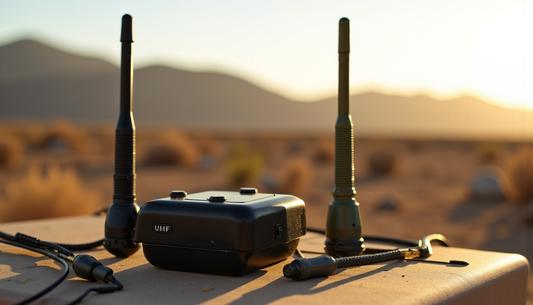 Équipement radio UHF avec deux antennes déployées dans un environnement désertique