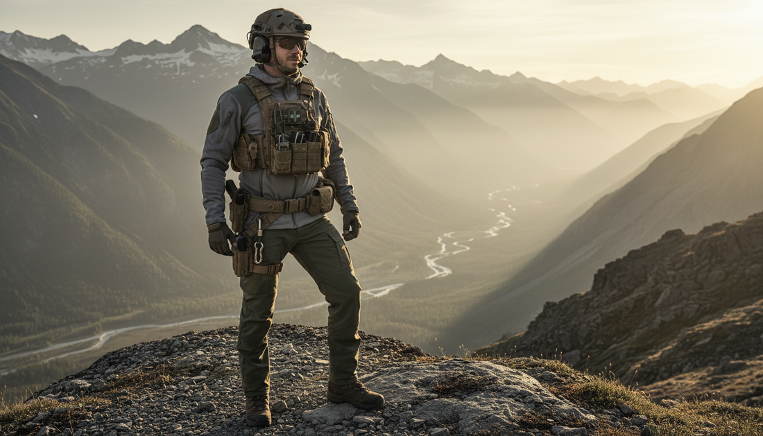 Agent équipé d'une tenue tactique complète (gilet, casque, protections) en haut d'une montagne