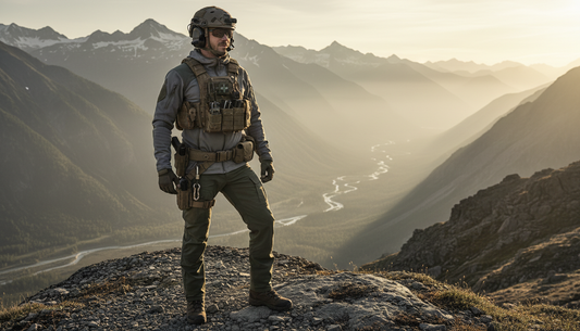 Agent équipé d'une tenue tactique complète (gilet, casque, protections) en haut d'une montagne