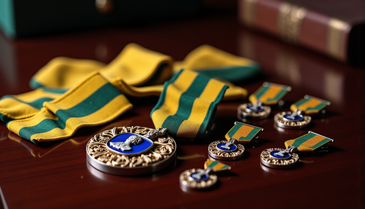 Médaille militaire et sa barrette, ruban jaune-orangé à trois raies vertes, posés sur un bureau