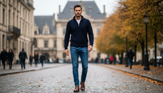 Homme portant un pull camionneur bleu marine à col zippé dans une rue pavée